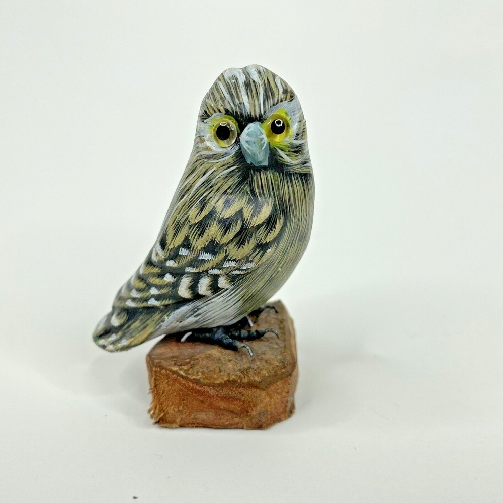 Vtg Hand Carved Painted Wood OWL‎ on Branch Glass Eyes Figurine Bird Folk Art